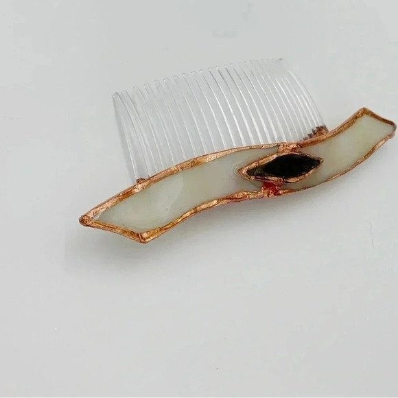 Ivory Stained Glass Handcrafted Hair Comb Rose Gold Trim Hair Jewelry Formal - Picture 5 of 8